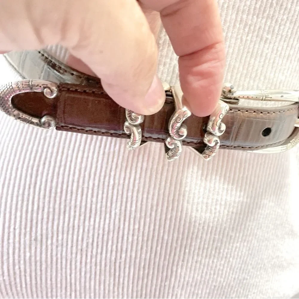 BRIGHTON Crocodile Embossed Brown Leather Belt Skinny B1043T Western Womens 30